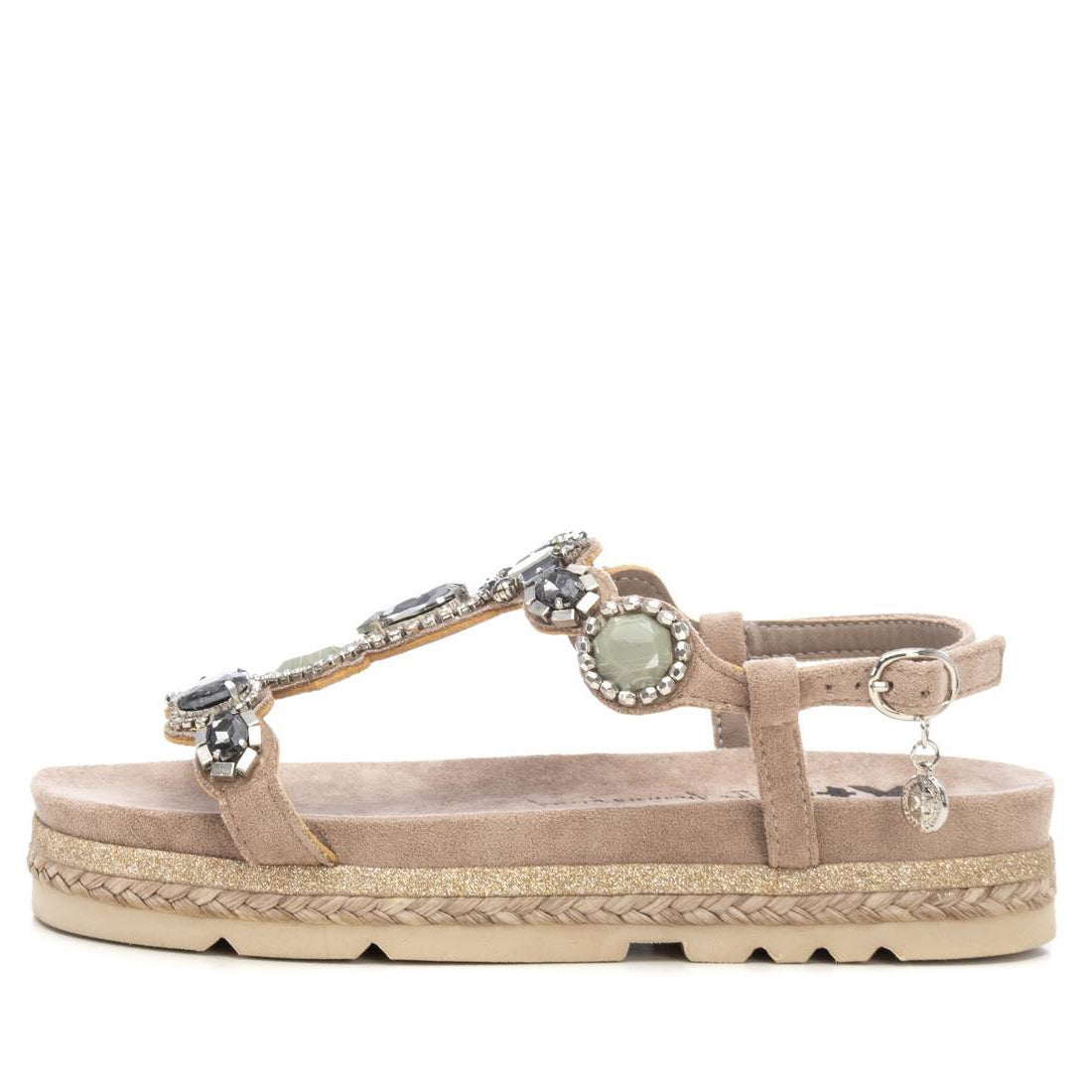 Elegante Espadrille-Sandale in Taupe mit Schmucksteinen und Glitzer-Details - – stilvoll & sommerlich