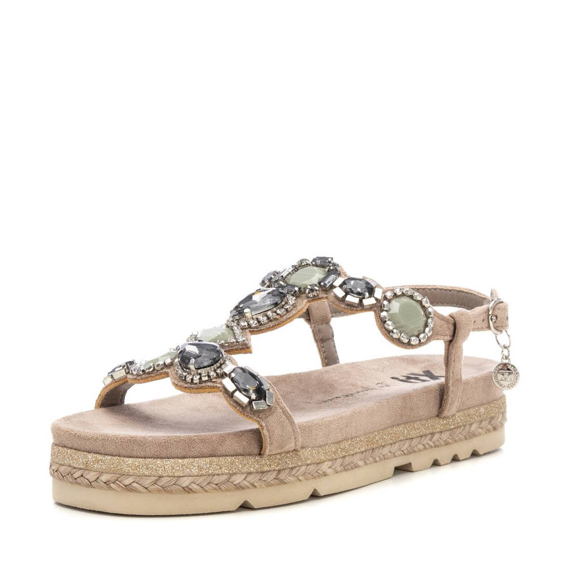 Elegante Espadrille-Sandale in Taupe mit Schmucksteinen und Glitzer-Details - – stilvoll & sommerlich