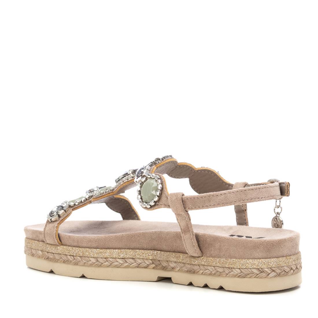 Elegante Espadrille-Sandale in Taupe mit Schmucksteinen und Glitzer-Details - – stilvoll & sommerlich