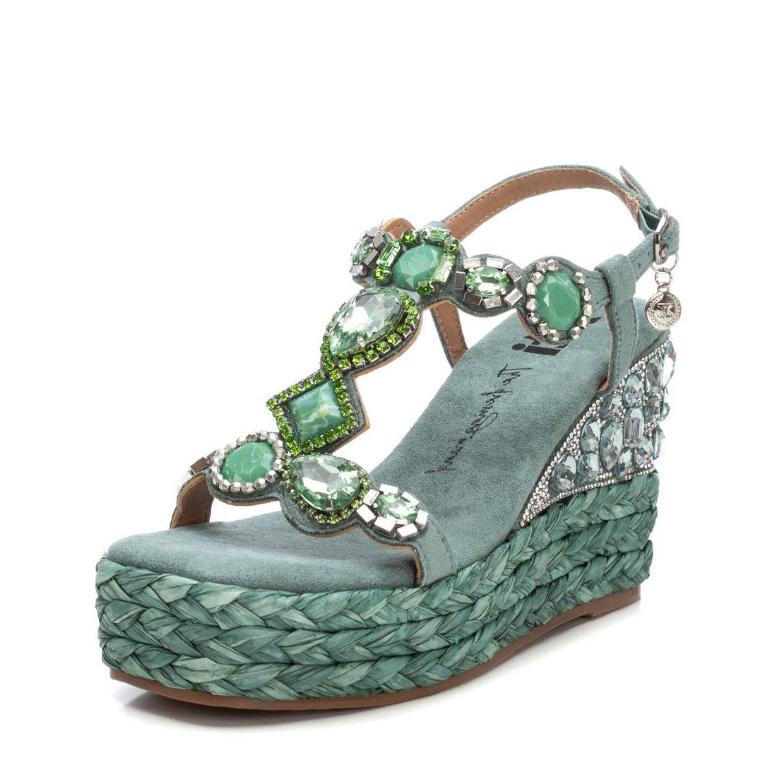 Wedge Sandale mit Schmucksteinen in Aqua-Grün - Bast-Plateau & Espadrille-Look