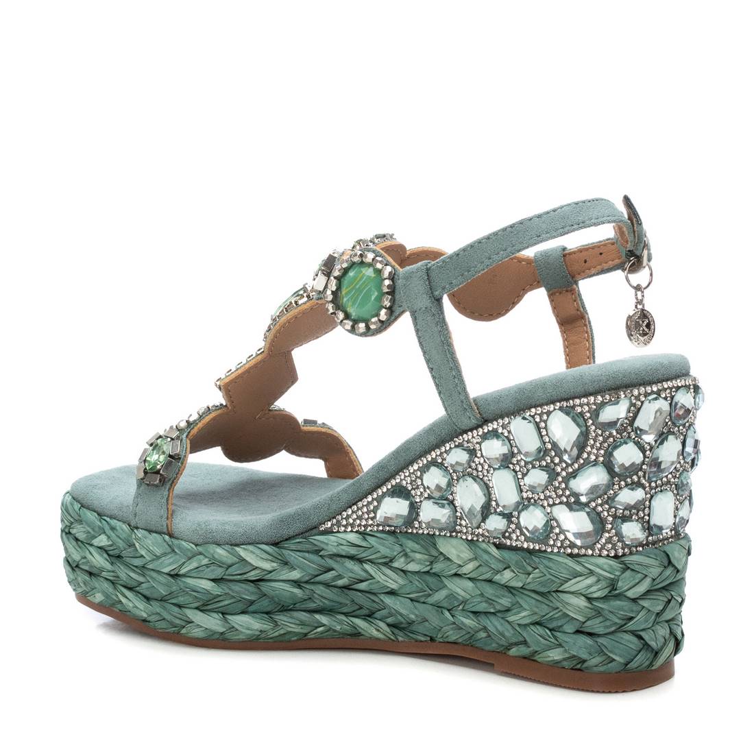 Wedge Sandale mit Schmucksteinen in Aqua-Grün - Bast-Plateau & Espadrille-Look