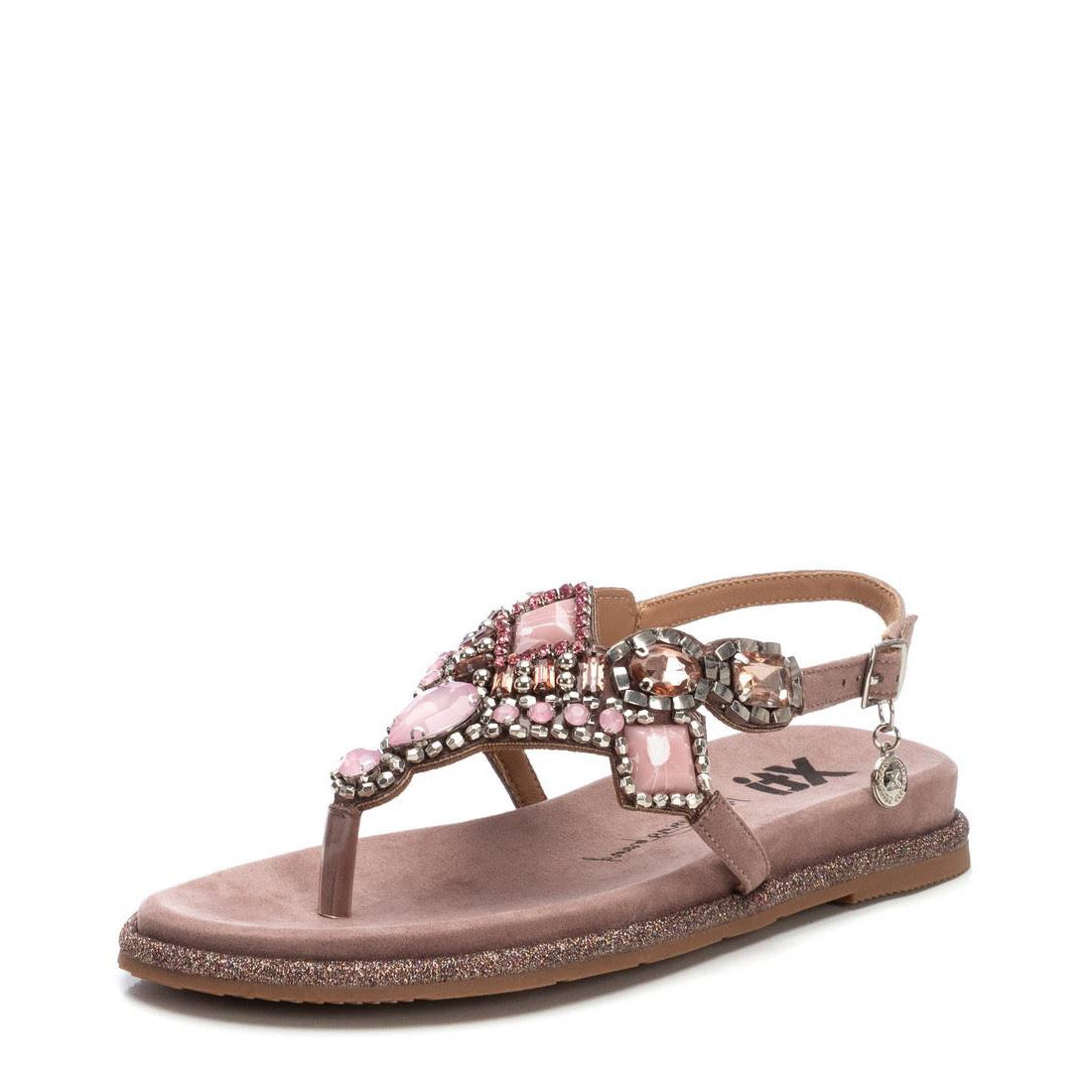 Zehentrenner-Sandale in Nude mit Schmucksteinen & Glitzersohle – feminin & bequem