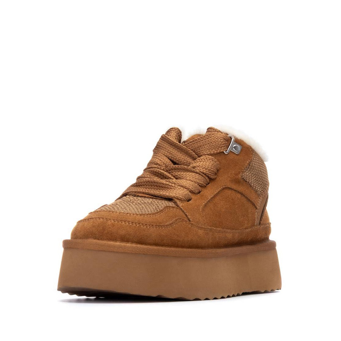 Winter-Bootie in Camel mit Strukturmix & kuscheligem Schaftrand
