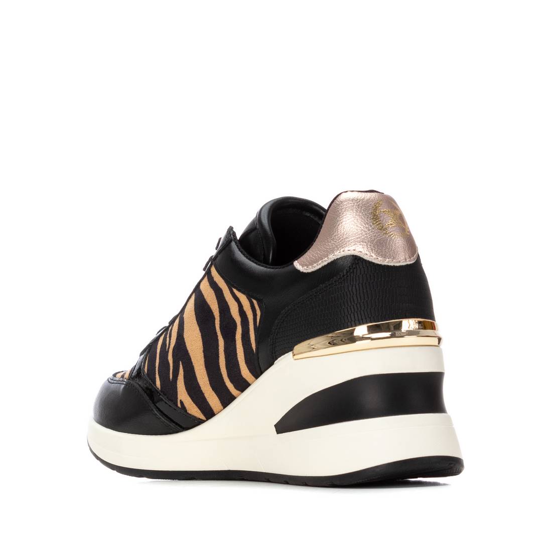 Schwarzer Wedgesneaker mit Zebra-Print und goldfarbenen Akzenten