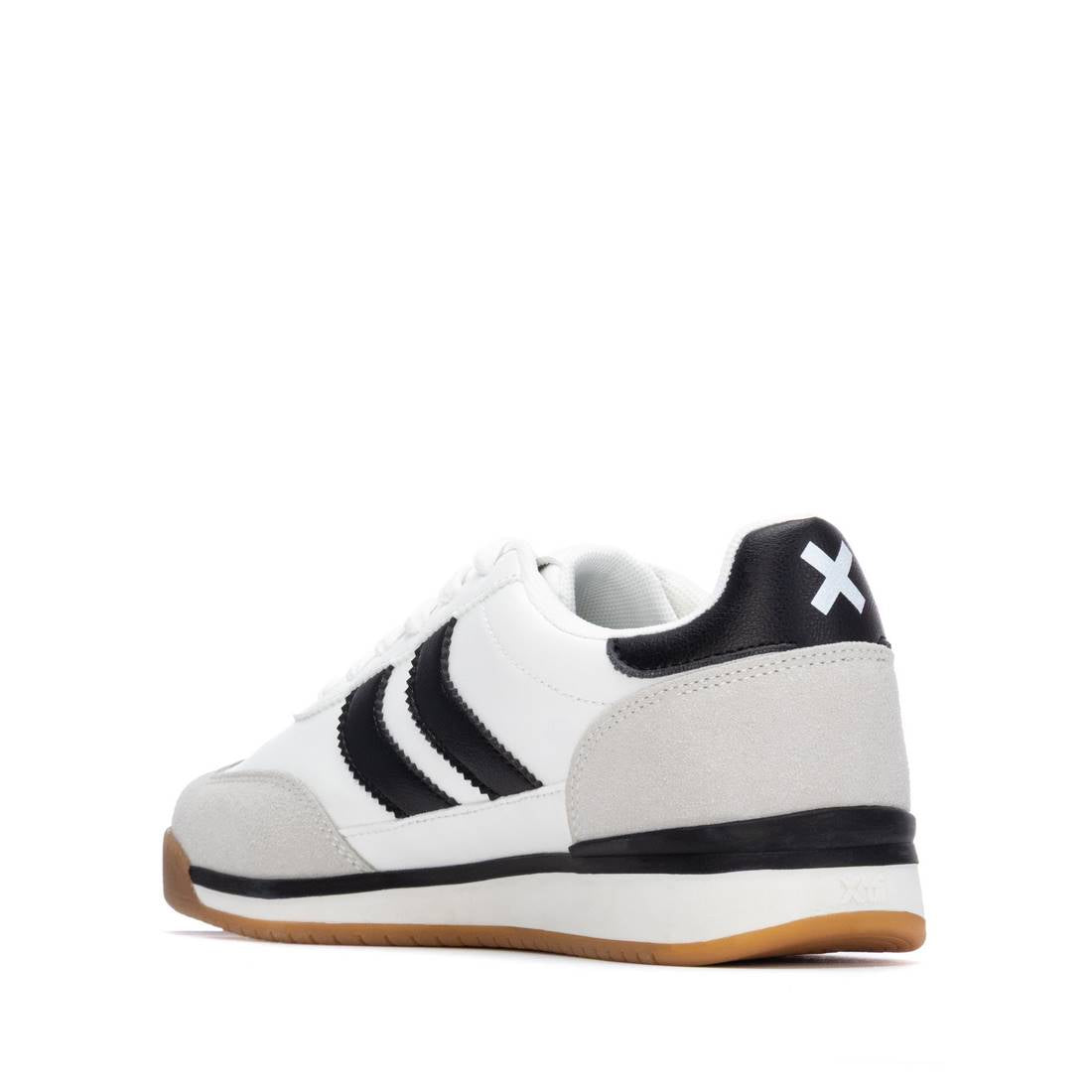 Weiß-schwarzer Retro-Sneaker mit sportlicher Linienführung und Kontrastdetails