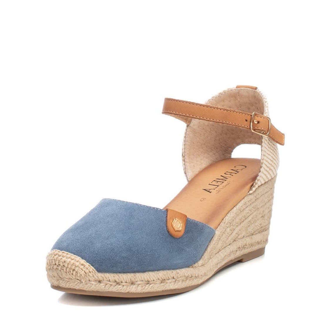 Keil-Espadrille aus Wildleder in Jeans-Optik mit Riemchen & Bastsohle – sommerlich & bequem