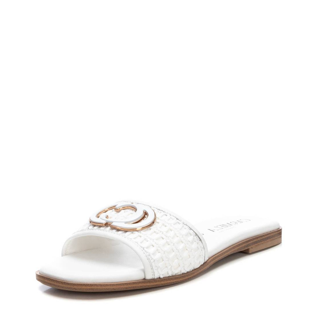 Flache Leder-Pantolette mit Flechtdetail & goldfarbener Logo-Applikation – elegant & sommerlich