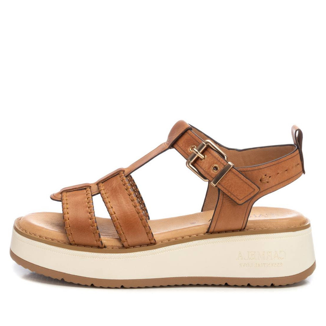 Leder-Sandalette in Camel mit breiten Riemen und Plateausohle