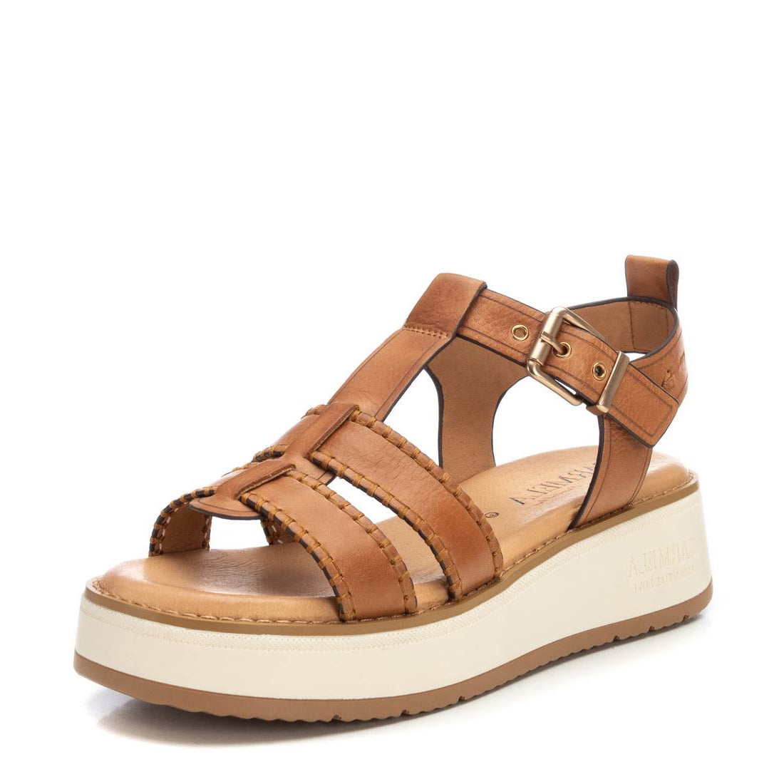 Leder-Sandalette in Camel mit breiten Riemen und Plateausohle