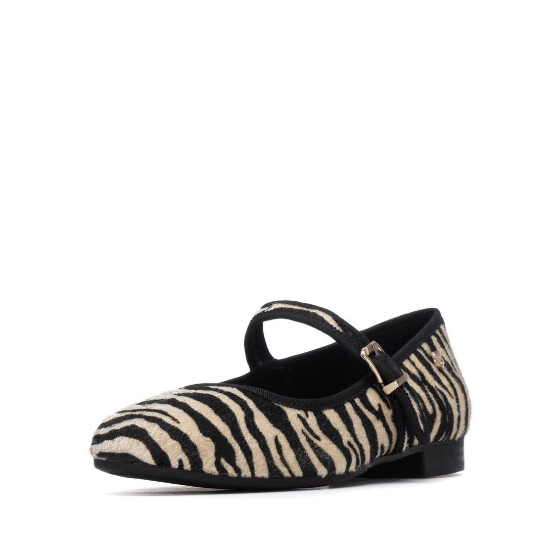 Mary Jane Ballerina in Zebra-Felloptik mit goldfarbener Schnalle