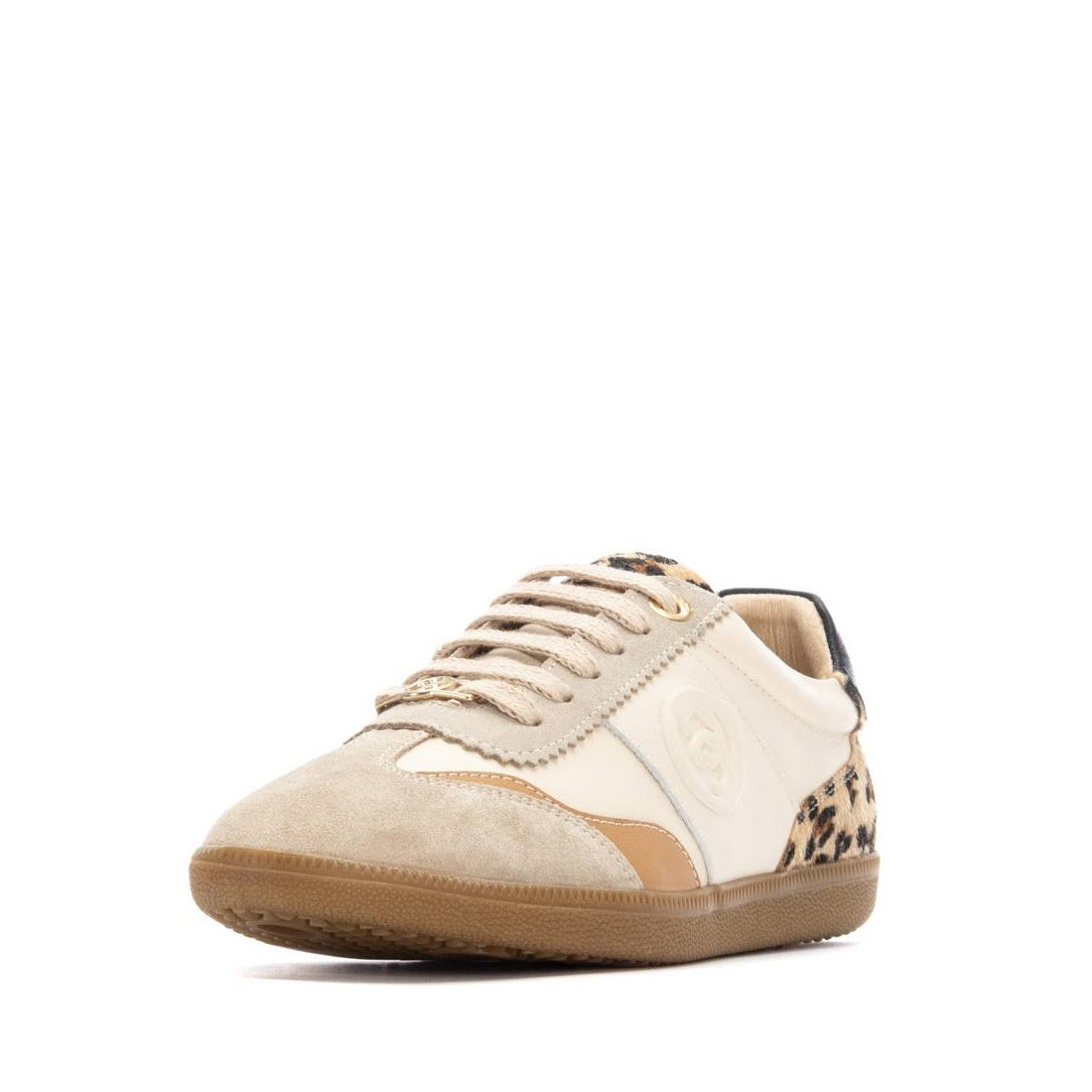 Trendiger Retro-Sneaker in Beige mit Wildleder-Details und Leo-Fersenbesatz