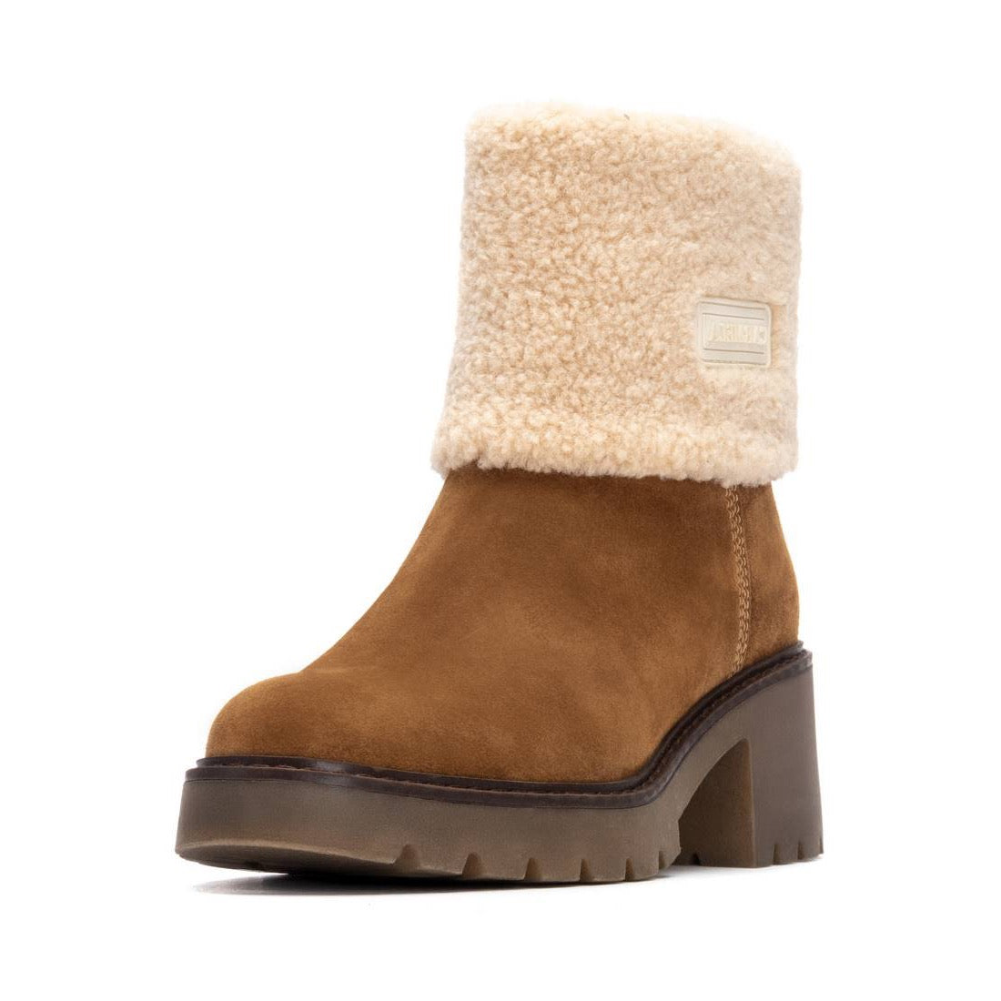 Wildleder-Stiefelette in Camel mit Blockabsatz & Softplüsch-Rand