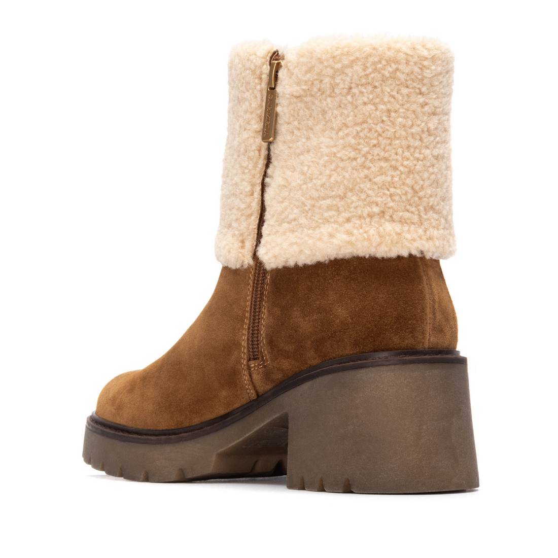 Wildleder-Stiefelette in Camel mit Blockabsatz & Softplüsch-Rand