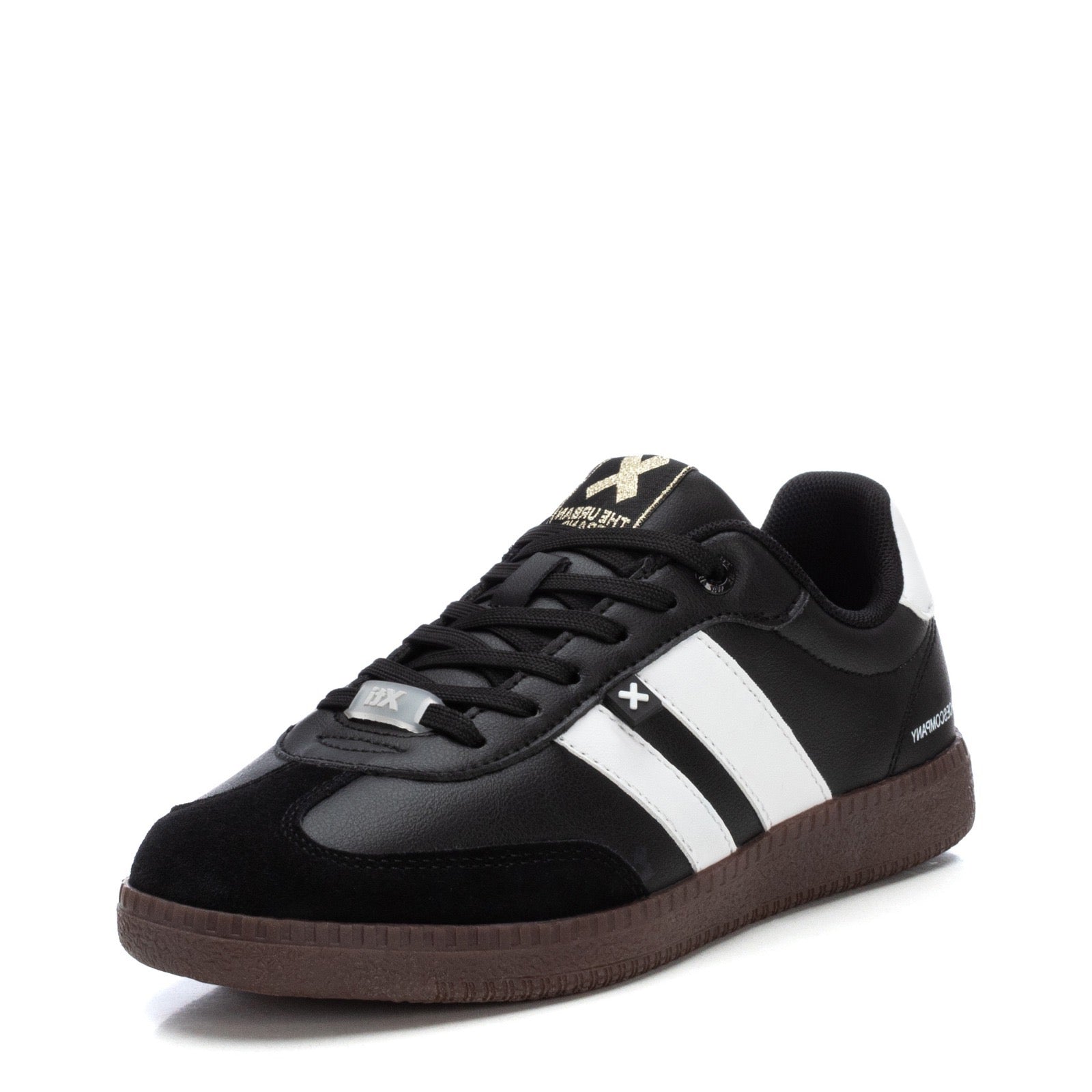 Sportlicher Retro-Sneaker in Schwarz mit weißen Streifen und Gummisohle