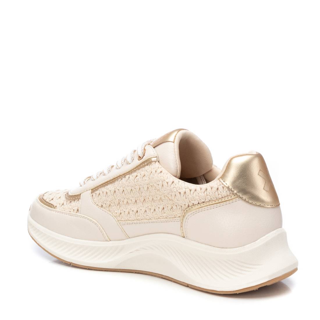 Moderner Plateau-Sneaker in Beige mit goldfarbenen Details und Textil-Einsatz