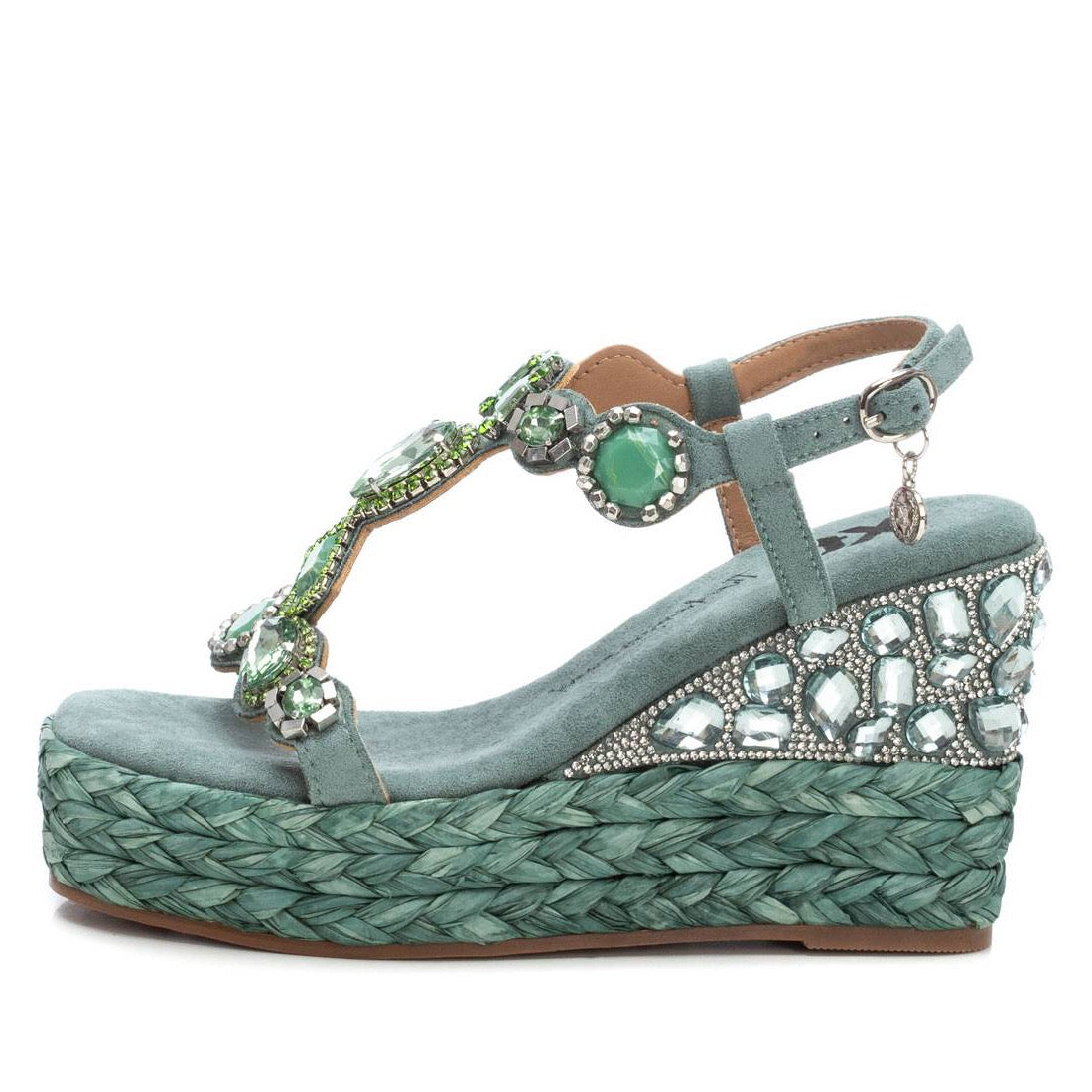 Wedge Sandale mit Schmucksteinen in Aqua-Grün - Bast-Plateau & Espadrille-Look