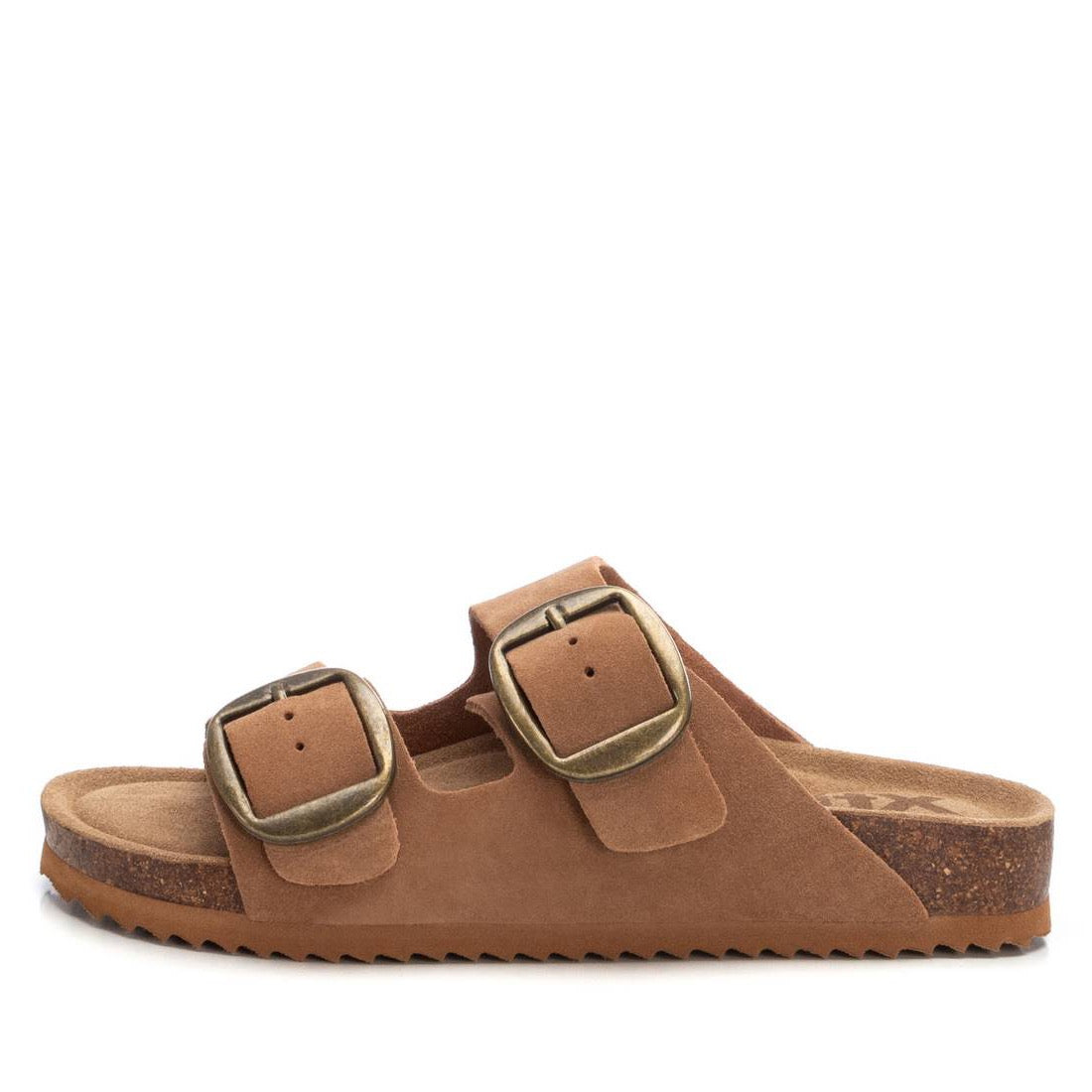 Bequeme Sandale mit goldfarbenen Schnallen und Kork-Fußbett