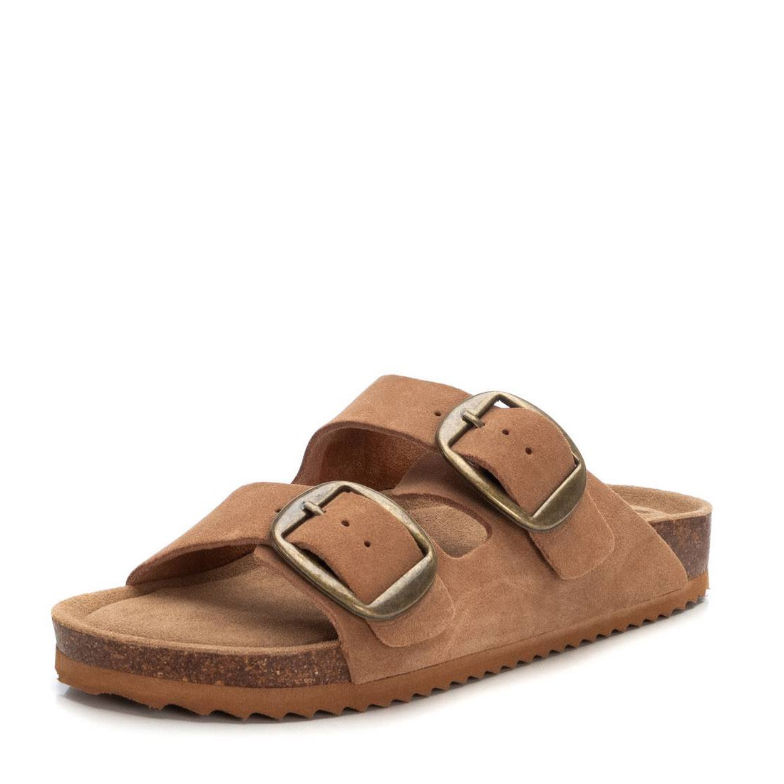 Bequeme Sandale mit goldfarbenen Schnallen und Kork-Fußbett