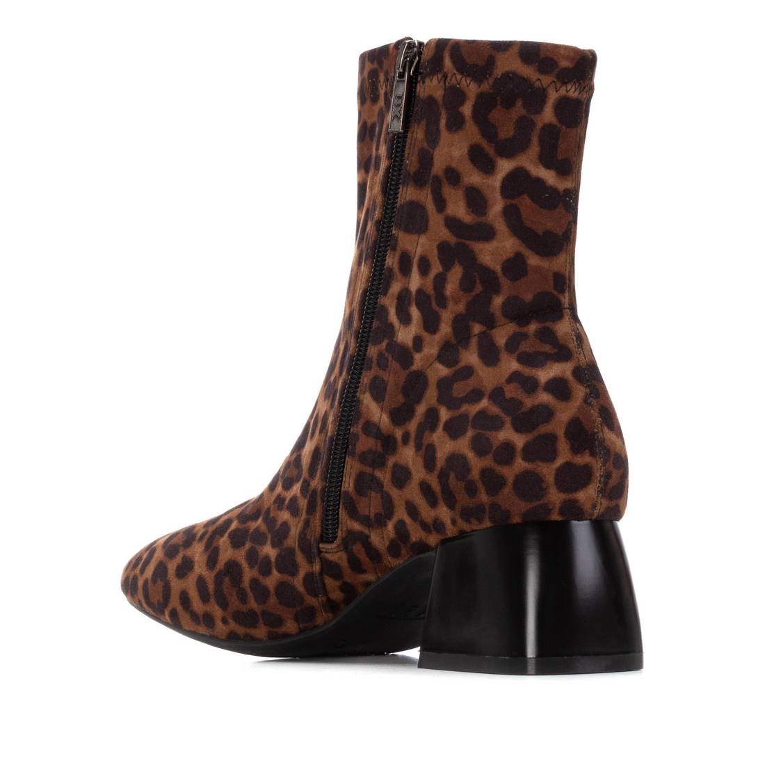 Stretch-Stiefelette mit Leo-Print und schwarzem Blockabsatz