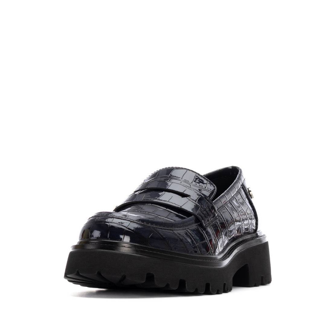 Loafer in Dunkelblau mit Kroko-Prägung und Lack-Optik