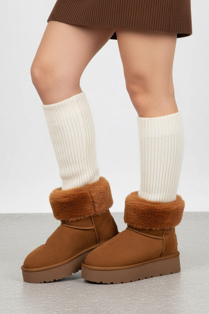 Gefütterter Winterboot in Camel mit Fellkragen und Plateausohle