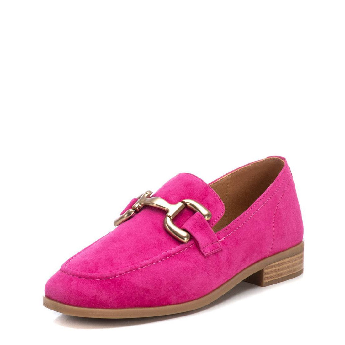 Eleganter Wildleder-Loafer in Pink mit goldfarbener Spange und flachem Absatz