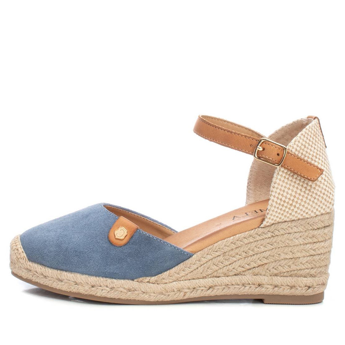 Keil-Espadrille aus Wildleder in Jeans-Optik mit Riemchen & Bastsohle – sommerlich & bequem