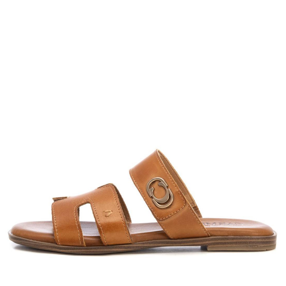 Leder-Pantolette in Camel mit breiten Riemen und bequemer Laufsohle