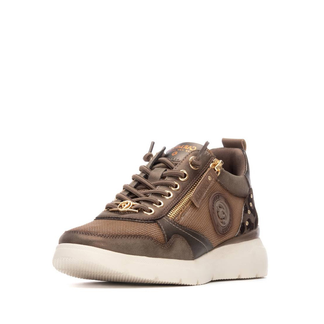Trendiger Fashion-Sneaker in Taupe-Bronze mit Leo-Details und goldenen Akzenten