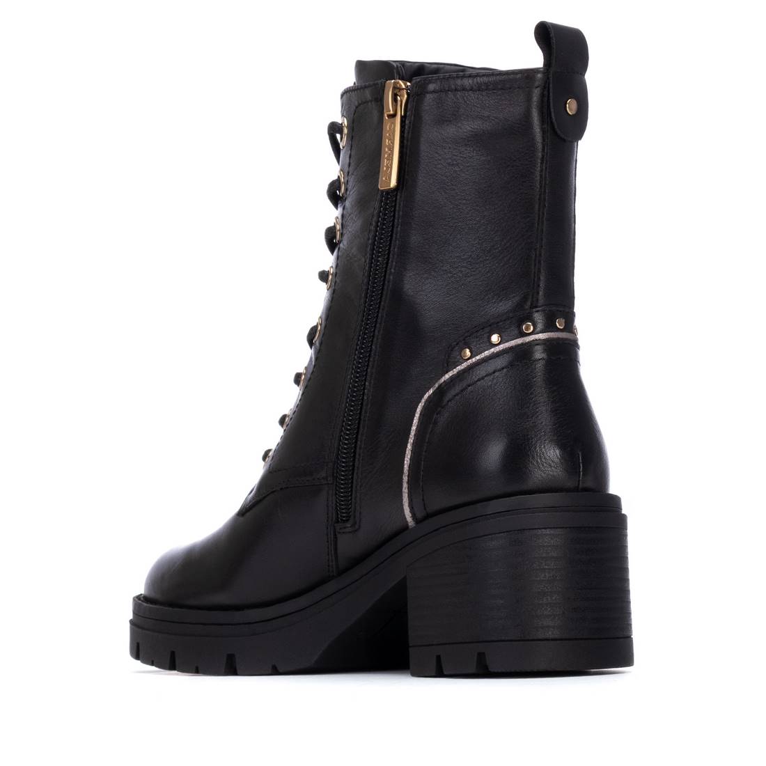 Schwarzer Schnürbootie mit Absatz & goldfarbenen Details aus Leder