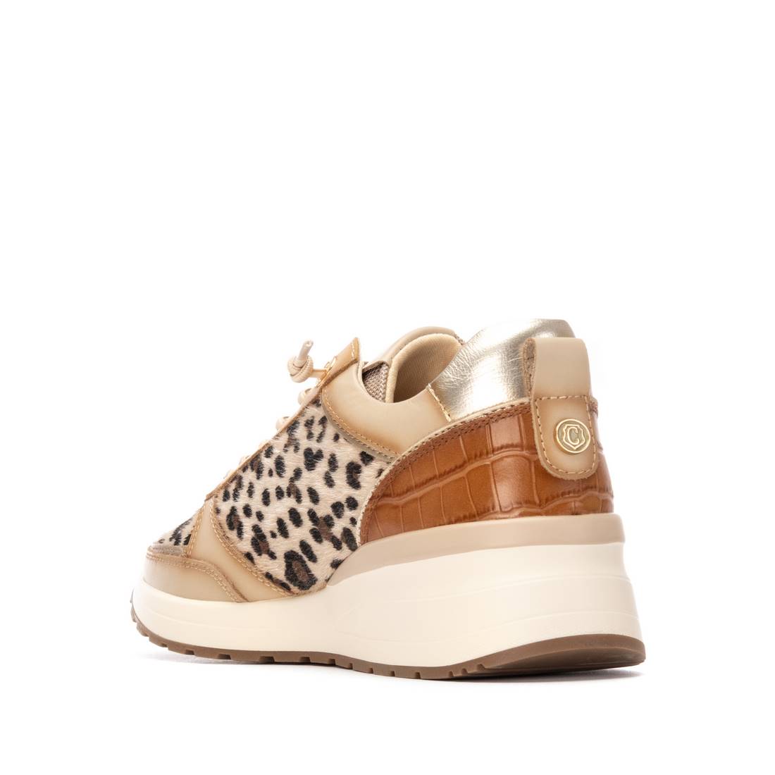 Wedgesneaker in Beige mit Animal-Print und goldfarbenem Detail