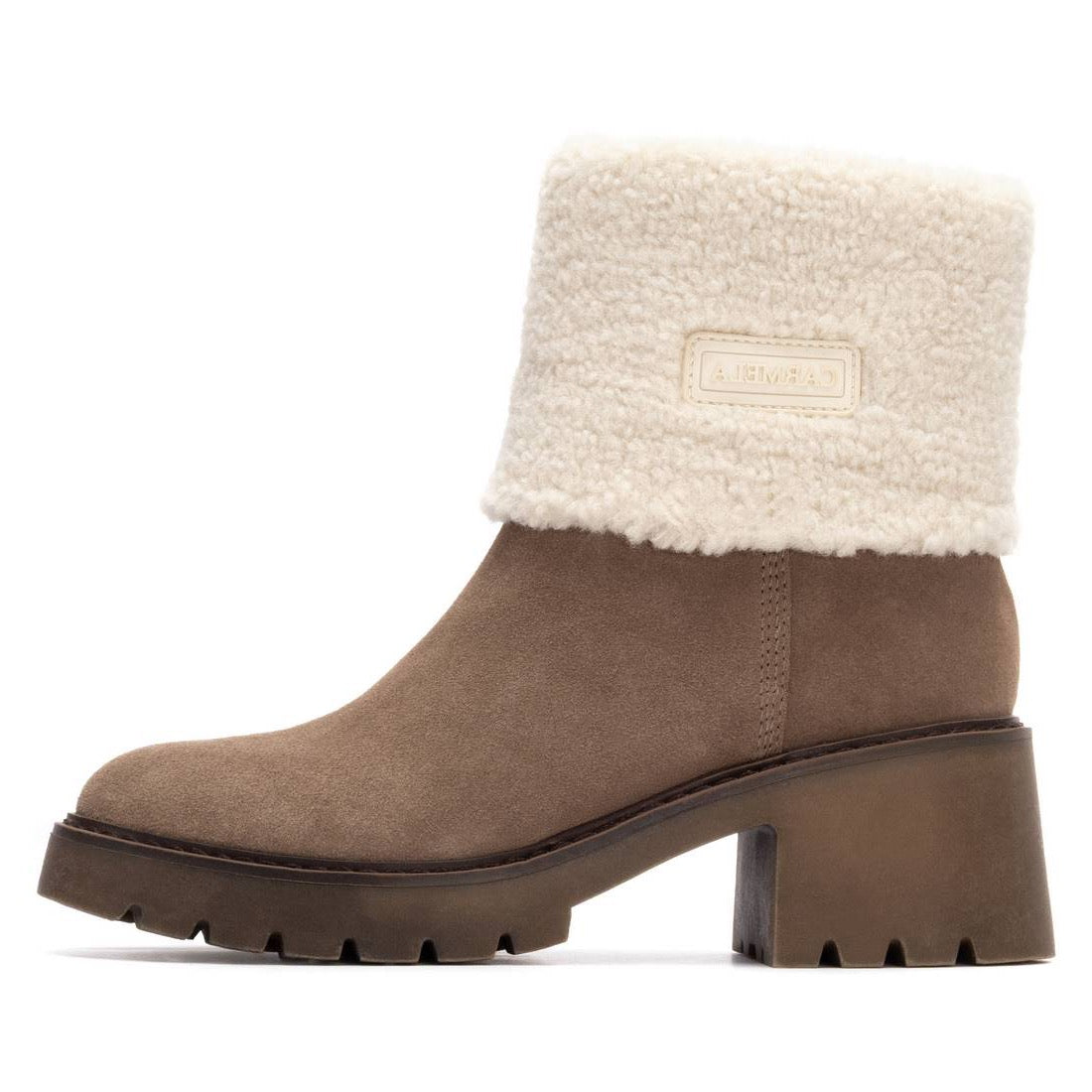 Wildleder-Stiefelette in Taupe mit Blockabsatz & Softplüsch-Rand