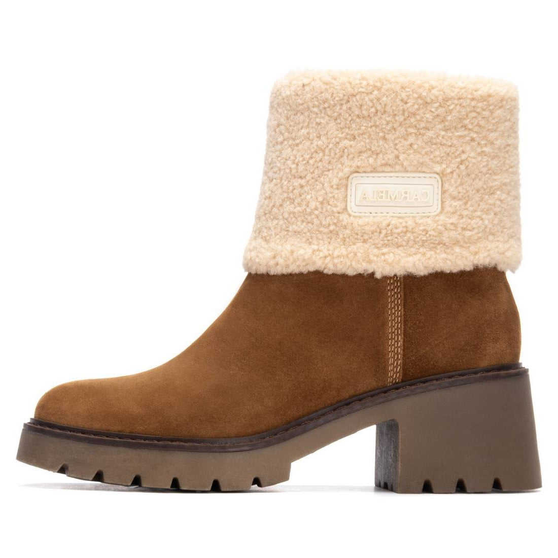 Wildleder-Stiefelette in Camel mit Blockabsatz & Softplüsch-Rand