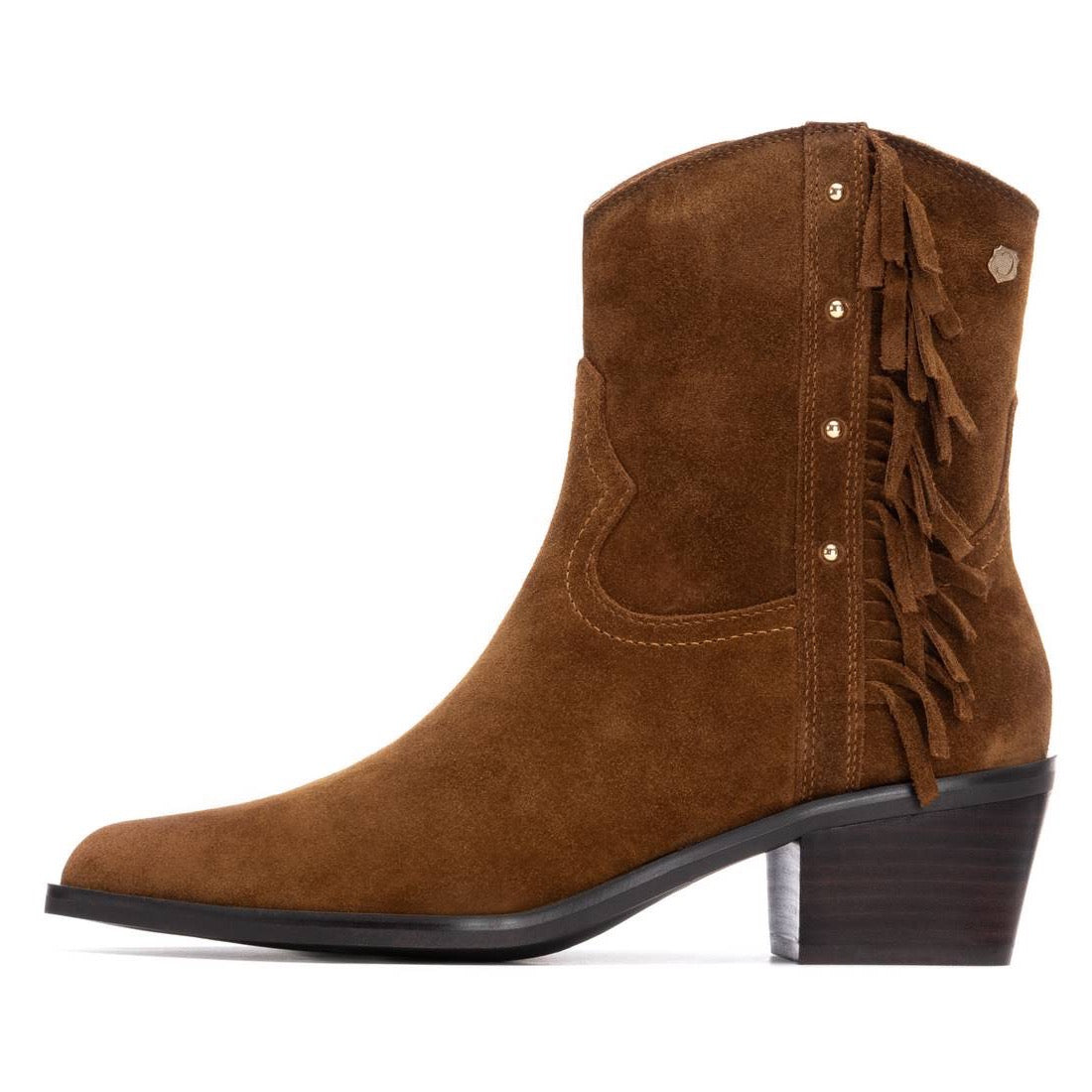 Western-Bootie aus Wildleder in Camel mit Fransen und Blockabsatz