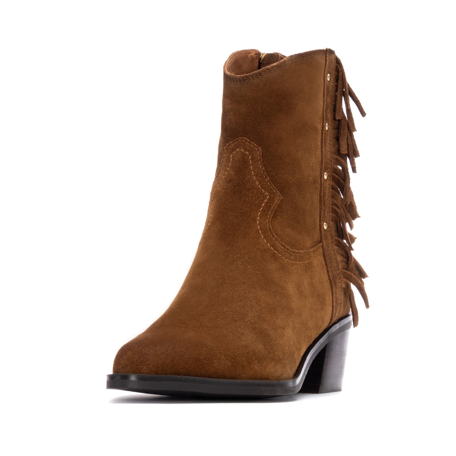 Western-Bootie aus Wildleder in Camel mit Fransen und Blockabsatz