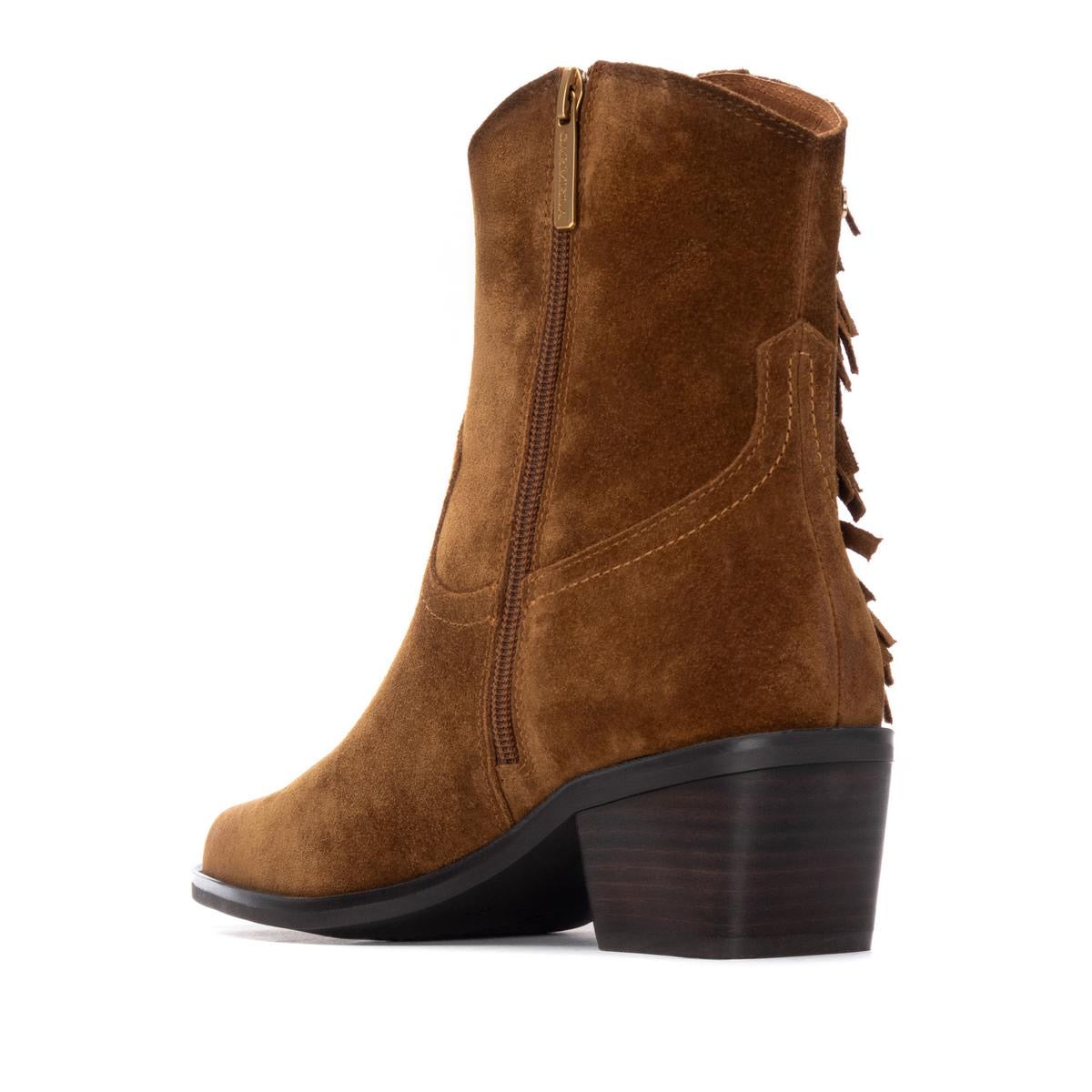Western-Bootie aus Wildleder in Camel mit Fransen und Blockabsatz