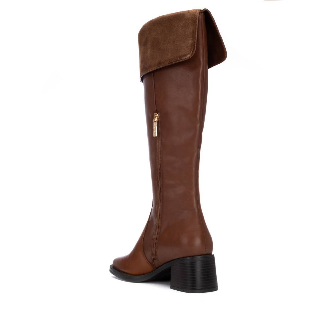 Eleganter Overknee-Stiefel zum Umschlagen mit Blockabsatz in Camel