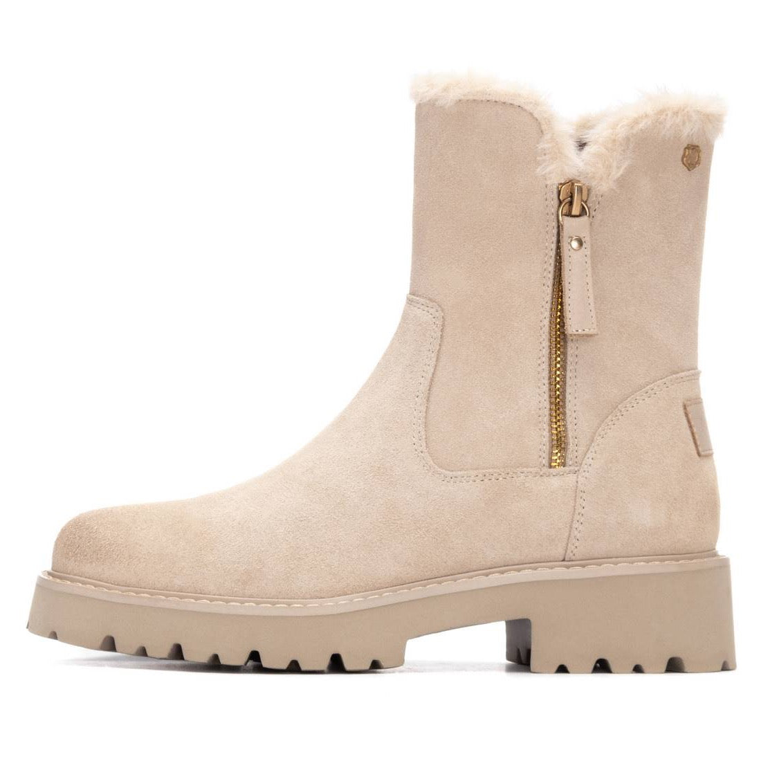 Beiger Wildleder-Bootie mit Profilsohle & flauschigem Fellrand