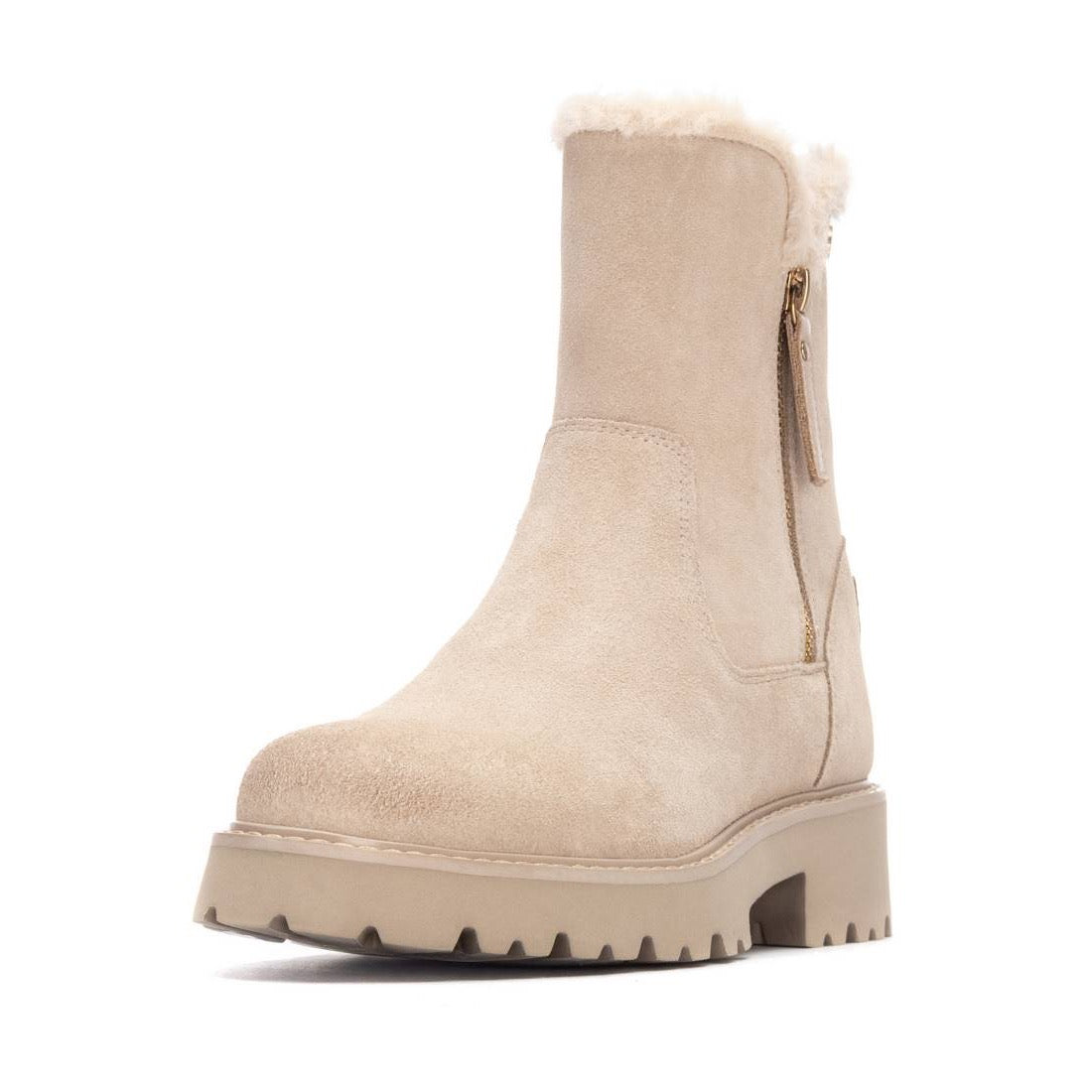 Beiger Wildleder-Bootie mit Profilsohle & flauschigem Fellrand